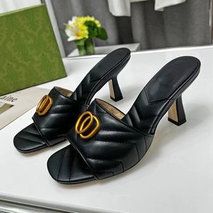 Top middle heel slippers classic summer lazy designer fashion metal letter flip flops leather women's wedding sexy formal sandals large 35-43