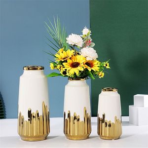 Ceramic Vase White Vase Golden Modern Home Decor Living Room Decoration Desk Accessories Interior for Home Flower Vases Gift 220423