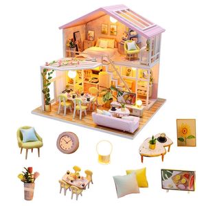 Modern Style Doll House Miniature DIY Dollhouse med möbler 7-15 år gamla DIY Trästeksaker för barnutbildning Gift LJ201126