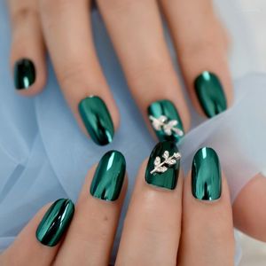 False Nails Classic Flower Fake Nail 3D Mental Green Smooth Designed Tips Oval Head Lady Daily Prud22