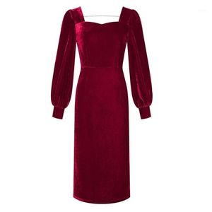 Casual Dresses Wine Red Veet Woman Ceremony Sweetheart Neckline Lantern Sleeves Open Back Slit Vent Midi Sheath Dress