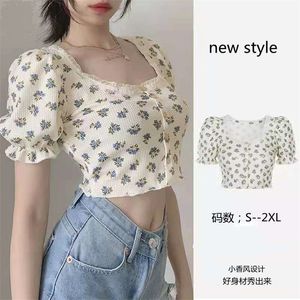 French Style Summer Women Puff Sleeve Floral Tshirts Ovanför magen Korta tees Casual Streetwear Tops 220526