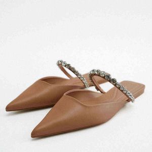 Sandals New Flat Shoes Fashion 2022 Pointy Stones Decoration Low Heel Slippers Slingback Casual Pumps Female 220412