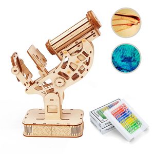 Educational Biological Microscope Wooden Mechanical 3D Puzzle Stem Kits With Slides Optical 160X Magnification For Kids Adult 220715