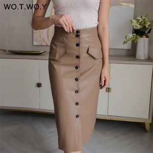 WOTWOY Elengant High Waist Leather Penci Skirt Women Multi Button Wrapped Skirts Mujer Faldas Solid Pockets Femme Jupes 210306