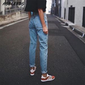Vintage damer pojkvän jeans för kvinnor mamma hög midja jeans blå avslappnad blyertsbyxor koreanska streetwear denim byxor 220815