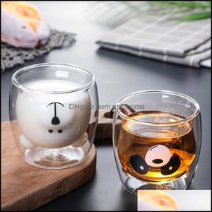 Mugs Drinkware Kitchen Dining Bar Home Garden Cute Glass Cup Panda Dog Animal Double Te Milk Coffee Round Anti-Scaling Car D4M