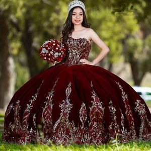 Meksikalı kızlar bordo quinceanera elbiseler çıkarılabilir kollar dantel aplike tatlı 16 pageant önlükleri kadife vestidos de xv anos