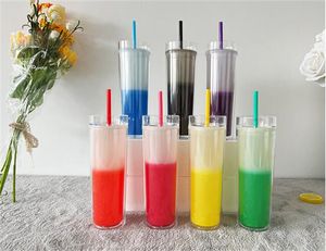 Bicchieri cambia colore da 500 ml Bicchiere in plastica trasparente da 17 once Bicchieri in acrilico a doppia parete Bicchiere cambia colore bianco con tazze fredde in paglia
