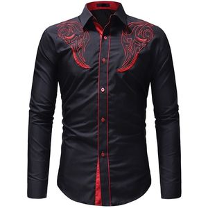 Moda masculina bordada ocidental manga longa camisa casual slim 220715