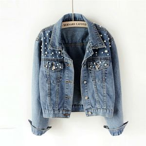 2020 Spring Pearl Beading Crop denim Jackor för kvinnor 5xl Casual Jeans Bomber Jacket Långärmad denim Coat Korean Plus Size LJ200813