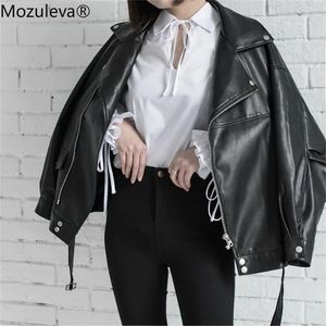 Mozuleva Autumn Retro Soft Faux Leather Pu Jacket Women Loose Punk Coat Female V Neck Moto Biker Rivet Zipper Street Overcoat 210908