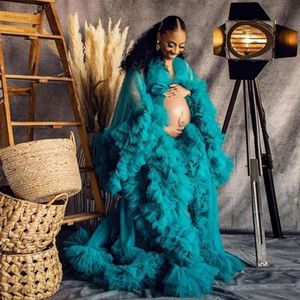 Wholesale long teal evening dresses resale online - Teal Evening Dresses Robes for Maternity Pography Puffy Ruffled Po Shoot Bridal Tulle Dress See Through Long Prop Party Gown261z