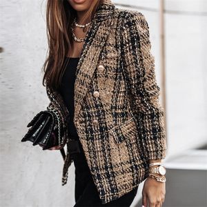 여성 긴 캐주얼 블레이저 재킷 봄 가을 패션 더블 브레스트 트위드 체크 인쇄 코트 빈티지 포켓 겉옷 220402