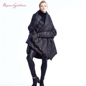 Moda Kadınlar Down Ceket Pelerinler Avrupalı ​​Tasarımcı Asimetrik Uzunluk Kış Parkları Plus Boyut Dış Giyim 201125