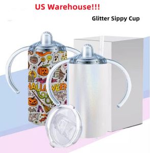 US Warehouse 12oz Sublimation Glitter Sippy Cup Glitter Straight Tumbler Sublimation Baby Cup Kids Tumbler Stainless Steel Tumbler Handle Sucker Cup Two Lids