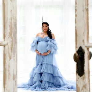 Prom Blue Dresses 2022 Elegant kvinnoklänning Tiered Ruffles Photoshoot Maternity Robes For Baby Showers Long aftonklänningar