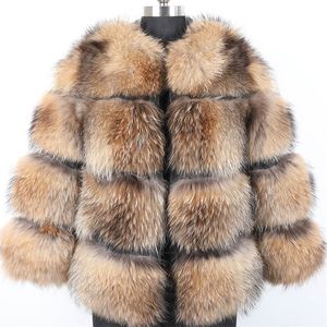 Maomaokong Winter Style Jacket Womens tjock pälsrock Real Raccoon Pälsjacka Högkvalitativ RACCON PUR PAIL ROUNT NECK VARME 201214