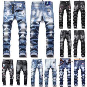 Badge Men Rips Stretch Black Jeans Moda masculina Slim Fit Washed Motocycle Pants jeans com painéis Hip Hop Troushers 10200cowboy