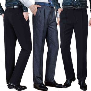 Kalın Iş Rahat Pantolon toptan satış-Sonbahar Kış Kış Kalın Çift Çift Pileli Elbise Pantolon Erkek Yüksek Bel Gevşek İş Gündelik Takım Orta Yaş Erkekler L220726