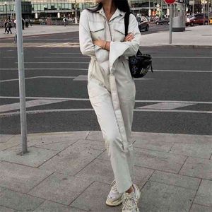 Herbst Winter Strampler Damen Overall Streetwear Taschen Schärpen Langarm Jeans Weiß Schwarz 210521