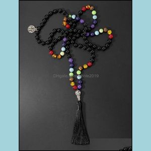 Anhänger Halsketten Anhänger Schmuck Oaiite 7 Chakra Naturstein Handgeknüpfte Halskette Schwarzer Onyx Perlen Mala Yoga Spirituell mit Baum von L