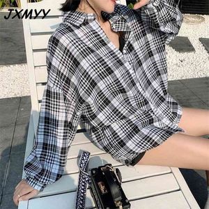 Spring Korean version loose mid-length plaid western style lantern sleeve POLO collar long-sleeved shirt women13 210412