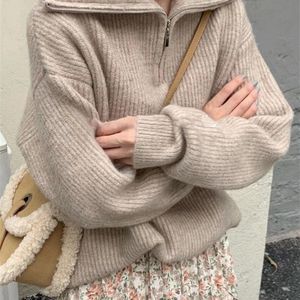 Women Sweater Ponagime Zipper Knitted Pullower Long Rleeve Solidny kolor luźne panie swetra jesienna zima damska golf 220817