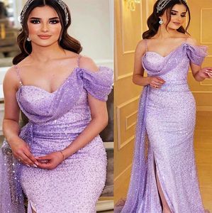 2022 Plus Size Arabic Aso Ebi Lilac Mermaid Sparkly Prom Dresses Sequined Lace Evening Formal Party Second Reception Födelsemedelsförlovningsklänningar klänning ZJ666