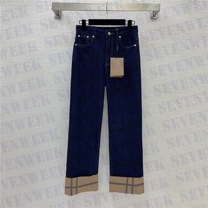 Kariertes Muster, gerade Jeans für Damen, modische Stretch-Hose mit hoher Taille, lange Denim-Hose, Designer-Kleidung