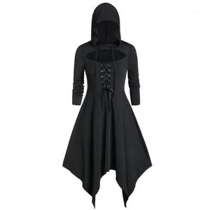 Casual Dresses Vintage Woman Dress Hooded Lace Up Party Strappy Cloak High Low For Women Long Sleeve Retro Vestido