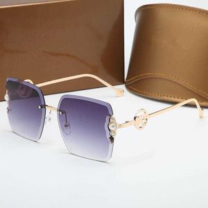 Sommermode Damen-Sonnenbrille, quadratisch, rahmenlos, mit Kunstperlen verziert, goldene Metallbügel, erstklassige Textur, schlichte und elegante Sonnenbrille für Damen