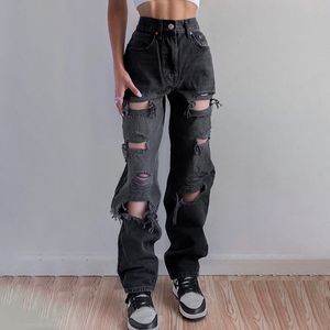 Chique sexy buraco rasgado jeans alta ascensão cor sólida lavado oco para fora áspero guarnição reta calças na moda selvagem destruído