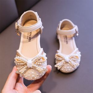 Sweet Girl Princess Fashion Pearl Bow Baby Kids Party Childrens Dance Little Girls Leather Shoes G83 220607