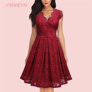 Summer Women Party Dress Vintage V Neck Sleeveless Dress Lace Elegant Ladies Dresses with High Quality Lace Size S on Model 210322