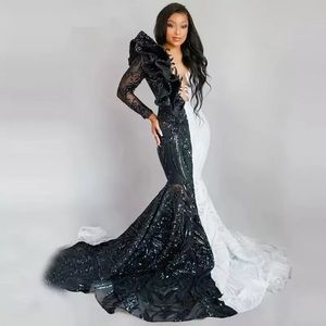 UPS Long Sleeves Mermaid Black and White Lace Prom Dresses 2022 African Formal Party Gown robes de soiree