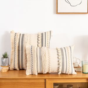 Bohemian Style Tassels Cotton Cushion Cover 30x50cm / 45x45cm Boho Pillow Beige för bäddsoffa Hem Dekorativ W220412