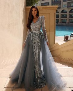 Elegant Sky Blue Prom Dress Sequins Detachable Net Training V-neck long-sleeved Sheath Customized Evening Dresses Cocktail Dress