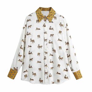Women Satin Blouse Shirt Tiger pattern print Long Sleeves Collared Elegant Fashion Woman Blouse Shirt Tops 210709