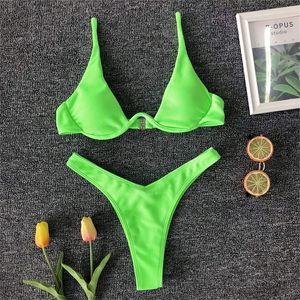 Sexig underwire bikini Set Women Solid Leopard Push Up Micro Swimsuit Summer Neon Green Bathing Suit Thong Swimwear Biquini 220621