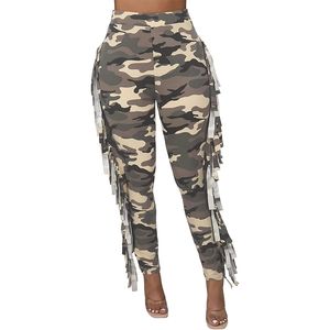 Women Camouflage Fringed Long Pants Casual Bodycon Elastic Waist Tassels Side Jogger Sweatpant