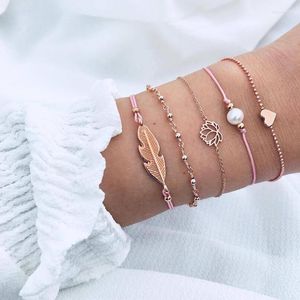 Charm Bracelets 5 Pcs/set Bohemian Bracelet Set For Women Braided Pearl Lotus Love Leaf Pink Rope Beads Chain Bangle Boho Jewelry Lars22