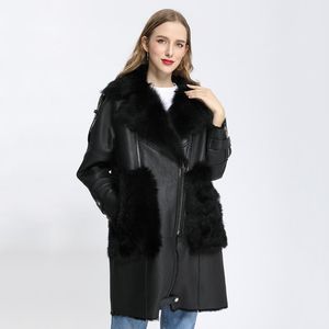 Frauenfell Faux Black Long Coat Fody Women Gefütterte Jacke Motorrad echtes Schaffell Lederjackes.