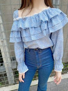 Camicette da donna Camicie Kuzuwata 2022 Summer Japanese Sweet Laciness Collar Patchwork Floral Flare Sleeve All Match Slim Mujer BlusasWomen'
