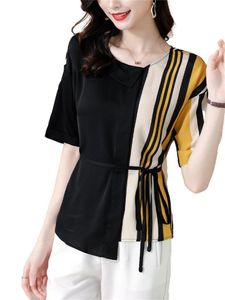 Women's Blouses & Shirts Women Spring Summer Lady Fashion Casual Short Sleeve O-Neck Collar Stripe Printing Belt Blusas Tops CT0570Women's