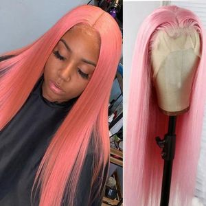 Synthetic Wigs Pink Colored Silky Straight Lace Front Wig For Black Women With Baby Hair High Temperature Fiber Middle Ratio Tobi22