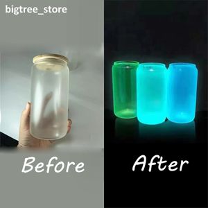 16oz Sublimation Glass Beer Can Glow in Dark Mugs Glasses Water Bottle Beer Can Glass Tumbler Drinking Glasses With Bamboo Lid And Reusable Straw Iced Coffee Mug