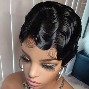 Spetsspår crissel brasiliansk kort pixie klippt mänskligt hår riktigt söta fingervågor frisyrer för svarta kvinnor full maskin gjord tobi22