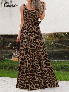 Celmia Bohemian Summer Dress Women Vintage Maxi Sundress seksowna bez rękawów lampart drukarnia imprezowa sukienka Casual Vestido Oversized CX220331