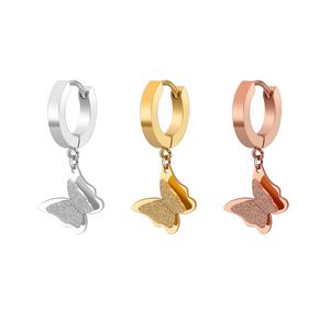 Rostfritt stål Rose Gold Butterfly Hoop Örhängen för Kvinnor Mode Örhängen Smycken Dubbel Matte Huggie Pendants Present 1 Par